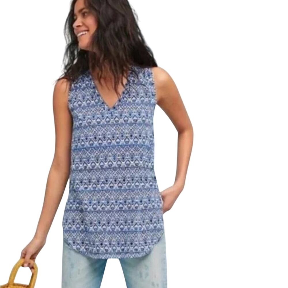 Anthropologie T.la Blue Breezy Tunic Sleeveless Hi-lo Hem Cotton Tank Top Size L